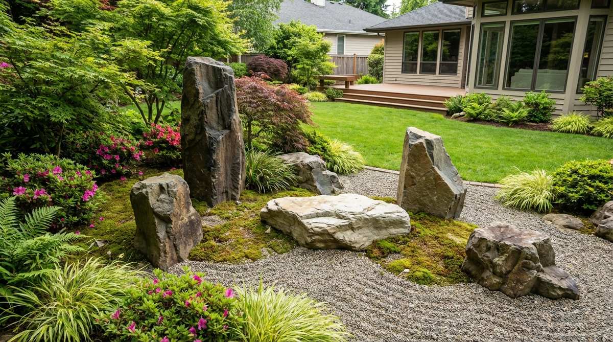 A Japanese garden arrangement with five major rocks distributed to create visual triangulation from any viewing angle. The stones vary dramatically in type, size, and orientation - one vertical and dark, another horizontal and light, a third medium-height and angular - with no three stones forming a straight line or symmetrical pattern.