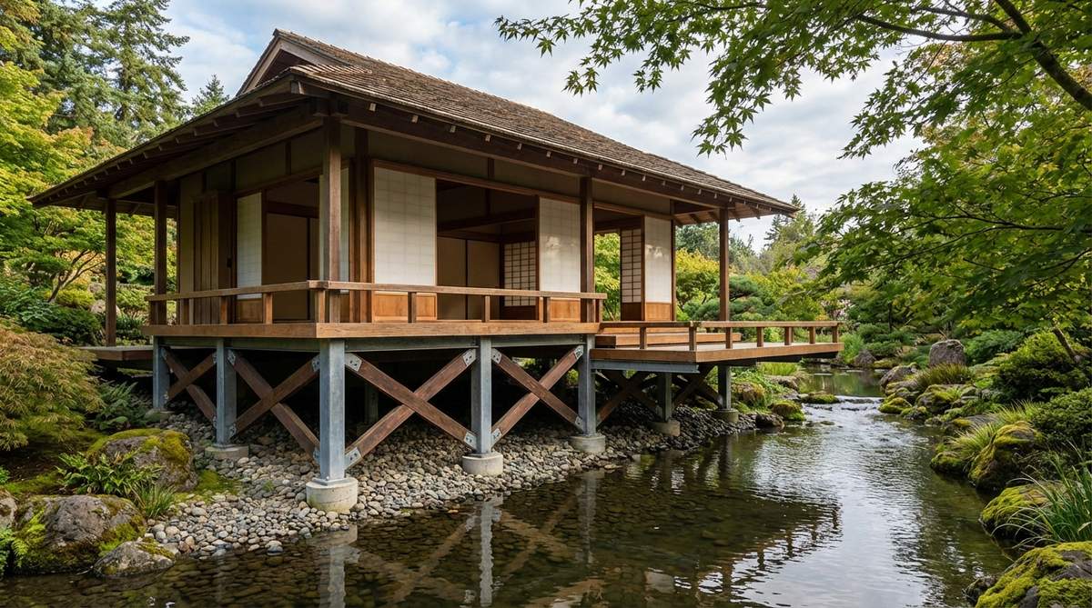 A Japanese garden tea house elevated on posts above a pond or stream, featuring cantilevered platforms for dramatic effect, with reflected light and water sounds enhancing the sensory experience. The structure includes engineered pier foundations with galvanized steel posts and concrete footings to withstand water fluctuations, and a deck understructure with cross-bracing visible from the shoreline, creating a sculptural element when viewed across the water surface.