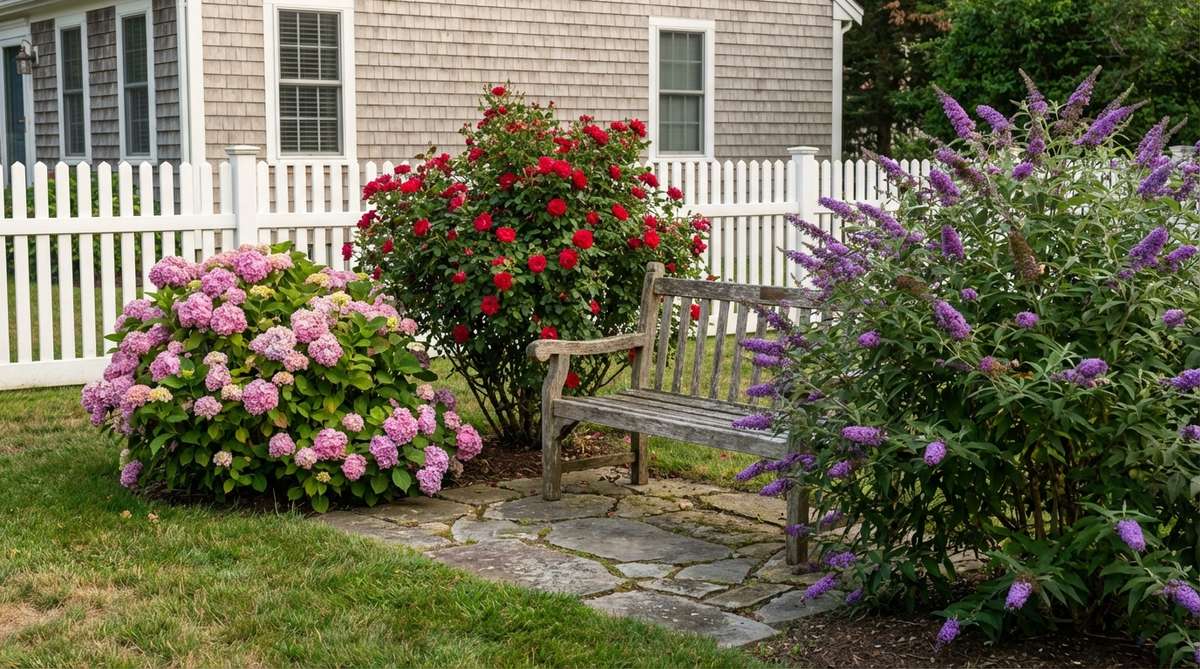 A cozy garden scene showing a cluster of three to five flowering shrubs like hydrangeas, roses, or butterfly bushes, grouped together to create visual impact and define space with seasonal blooms and structural presence, spaced appropriately to prevent overcrowding.