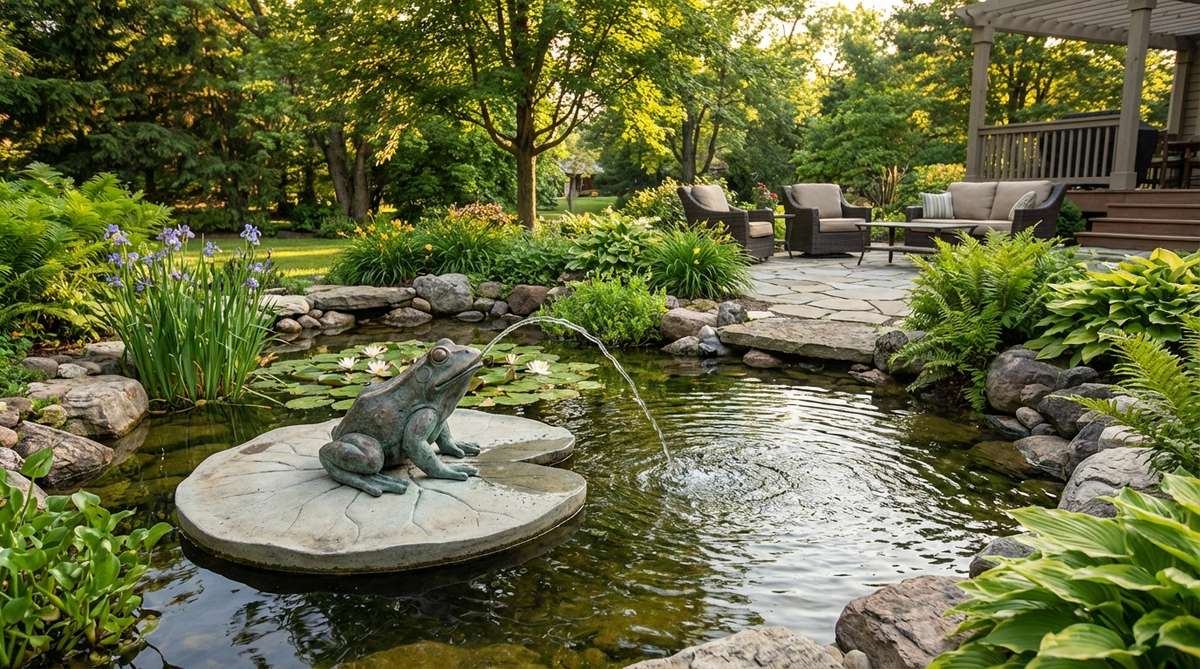 A whimsical frog water feature statue perched on a lily pad, spouting water into a garden pond. This bronze or resin sculpture combines decorative garden art with functional fountain elements, creating relaxing water sounds for outdoor spaces.