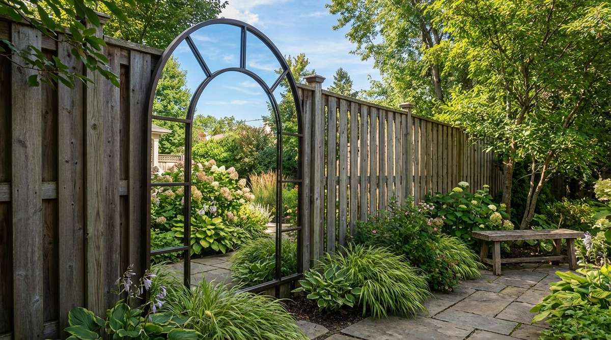 A weather-resistant garden mirror installation mounted on a fence, creating illusory depth by reflecting sky and prime plantings. The arched frame suggests a garden extension beyond actual boundaries, with acrylic material ensuring durability and clarity in outdoor conditions.