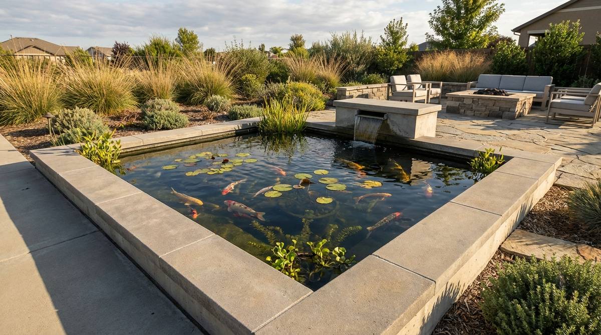 A modern geometric koi pond with square or rectangular concrete edges, housing koi fish and aquatic plants. The formal design contrasts with organic water life, featuring depths of 3-4 feet for healthy fish habitat, including filtration systems and overflow mechanisms, ideal for contemporary garden settings.