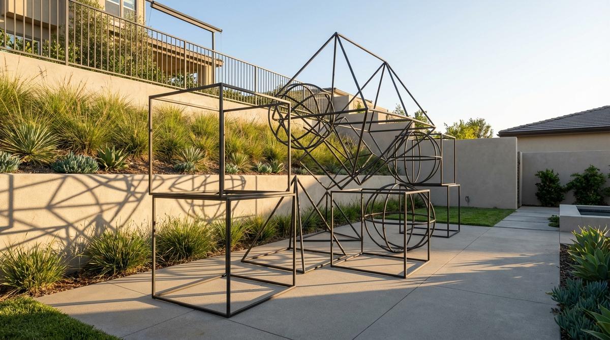 A large-scale geometric wire frame sculpture in a modern garden setting, featuring open cube, pyramid, or sphere structures made from powder-coated steel rods. The skeletal forms create dynamic shadow patterns when backlit by sunlight, extending the sculptural impact onto surrounding walls and paving.