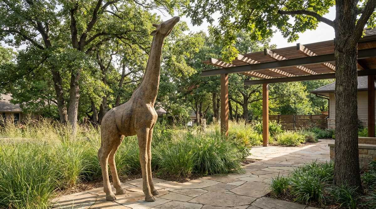A stone sculpture of a giraffe with its neck extended upward, carved to capture graceful movement in heavy material. This vertical garden element features attenuated proportions and structural engineering for stability, ideal for placement near tall trees or modern architectural features.