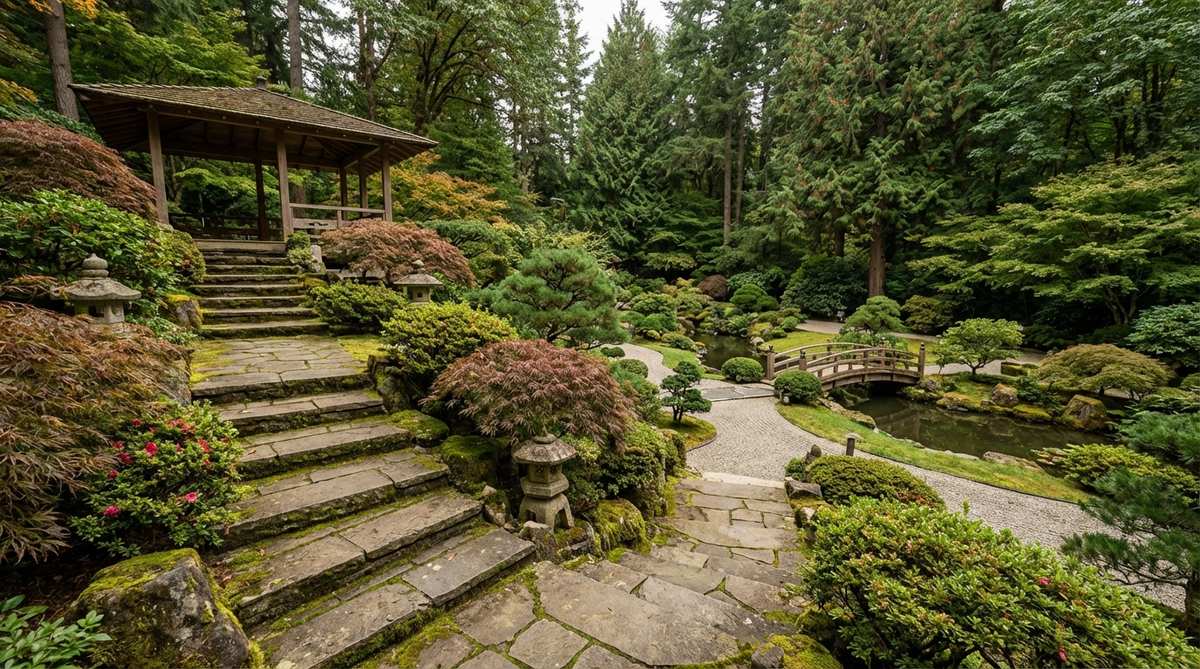 Stone steps leading to an elevated viewing point in a Japanese garden, showcasing the garden's overall composition from above with carefully aligned features for a composed view.