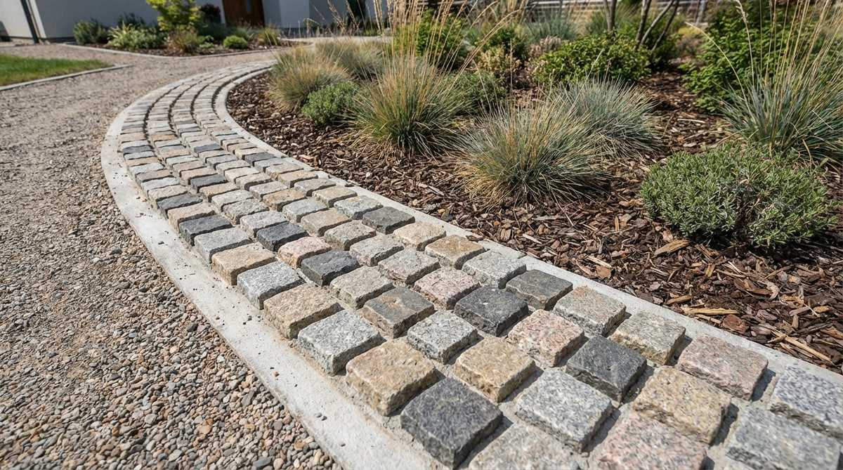 A close-up view of granite sett edging in a modern garden, showcasing small granite cubes arranged in precise linear rows to create a durable and geometric border. The setts display natural colors like gray, pink, charcoal, and gold, installed in concrete or sand for a permanent, low-maintenance edge ideal for driveways, pathways, and formal beds.