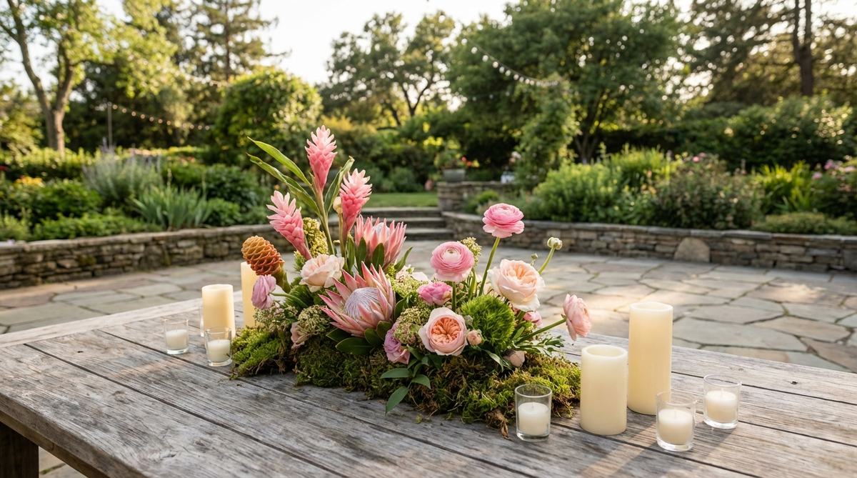 A low-profile floral arrangement featuring pink tropical and classic blooms in an organic cluster, designed to appear as if growing directly from a tabletop. This whimsical garden decor element is asymmetrically placed to allow space for pillar and votive candles, creating a natural, enchanting glow for wedding settings without blocking sightlines.