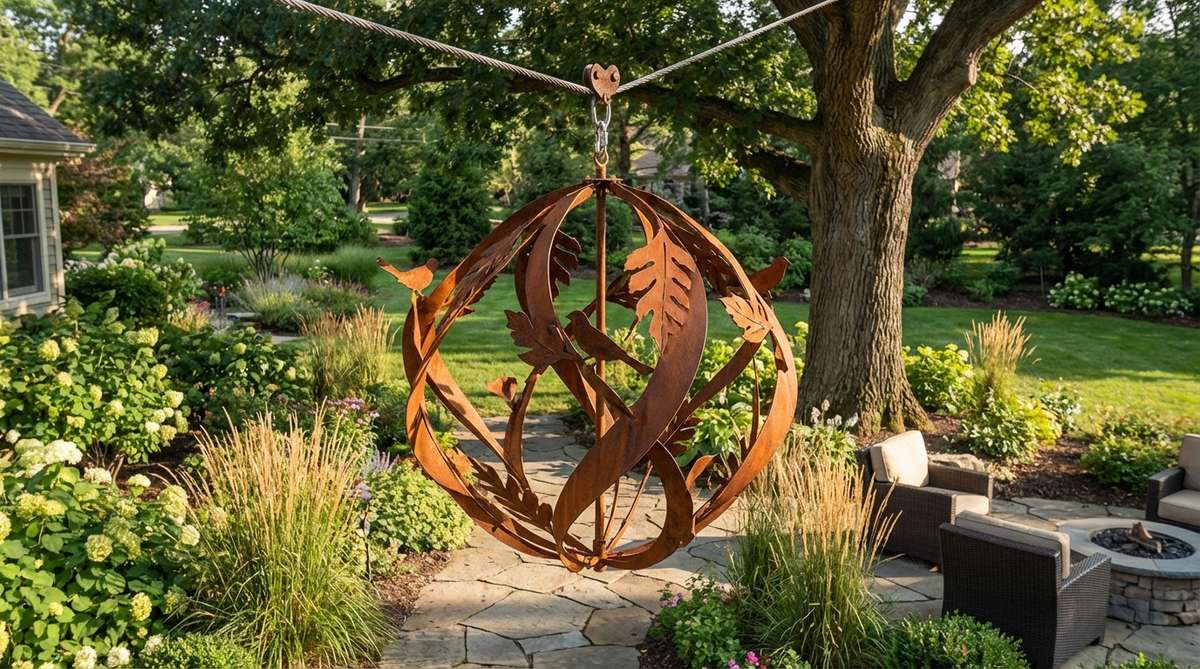 A kinetic metal sculpture hanging outdoors, featuring abstract or nature-inspired designs like leaves or birds, made from powder-coated or weathering steel that develops a rust patina over time, moving gracefully with air currents to enhance garden or patio decor.