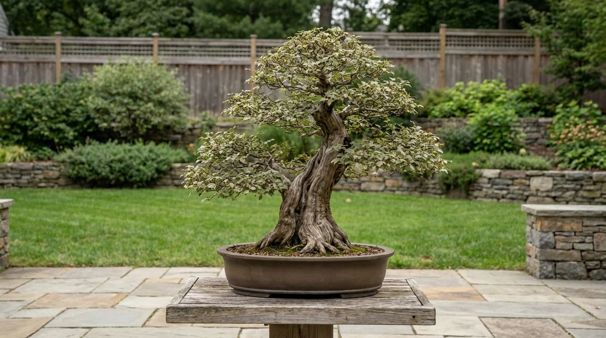 A Hornbeam bonsai (Carpinus betulensis) showcasing a muscular, fluted trunk that develops with age, creating powerful visual movement. The fine ramification is achieved through diligent pruning during the growing season over multiple years, with the species responding well to clip and grow methods rather than wiring.