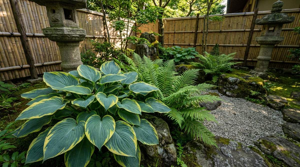 A large Hosta 'Sagae' plant with gold-edged, blue-green leaves, creating a two-toned visual effect in partial shade, paired with solid green ferns in a Japanese garden setting.