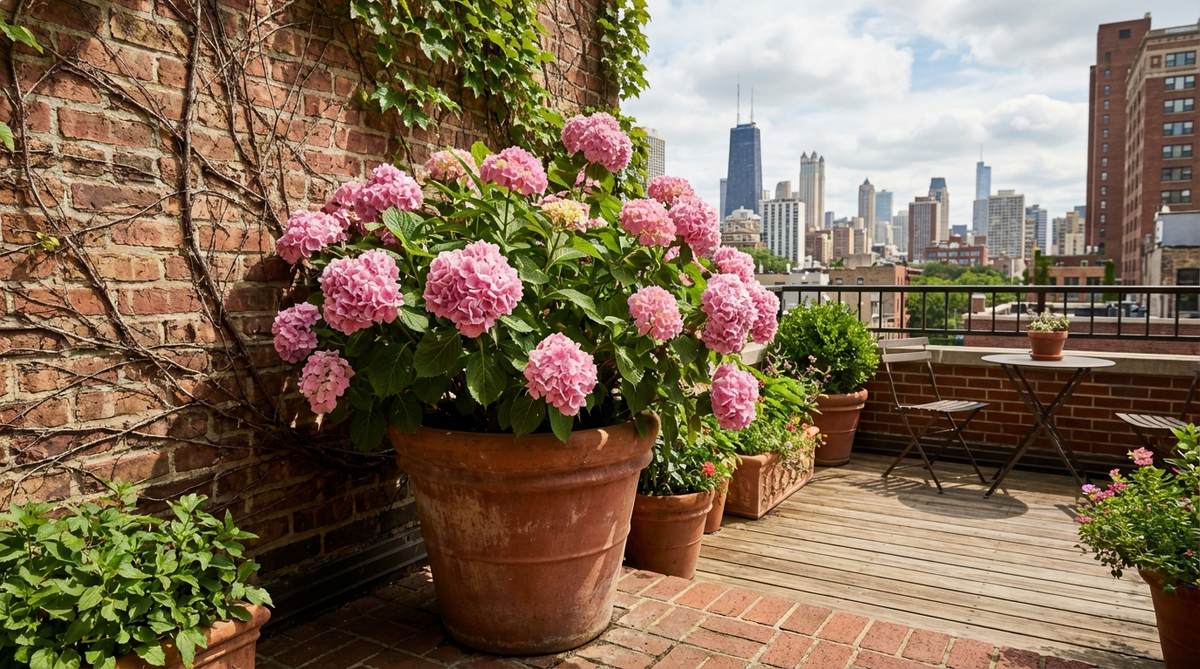 A vibrant hydrangea plant in a container on an urban balcony, showcasing its large pink blooms in partial shade, with a compact variety like 'Bobo' adapted for small spaces and protected near a wall.