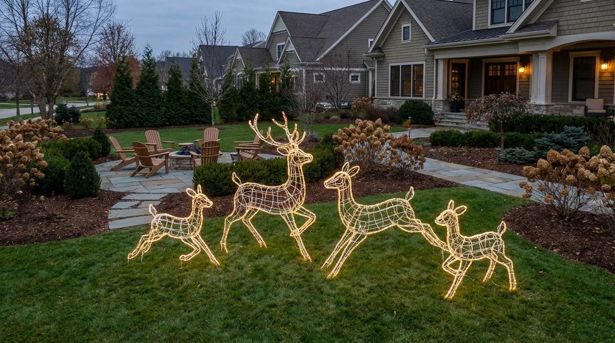 A dynamic LED wireframe reindeer family arranged in various poses to suggest movement across a lawn, with see-through construction for maintained sight lines and integrated lighting for nighttime impact, ideal for outdoor Christmas decor.