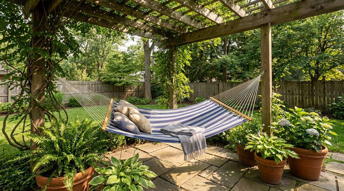 A cotton hammock in indigo and white stripes, perfect for creating nautical-themed lounging zones in shaded outdoor areas like pergolas. Includes safety tips for installation and maintenance.