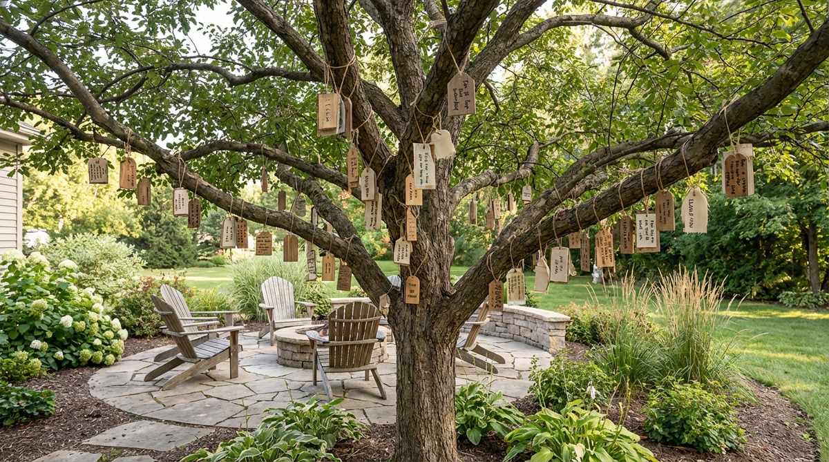 An interactive wishing tree in an outdoor setting, featuring weather-resistant tags with handwritten messages and hopes from community members, designed to foster social connections and participatory art.