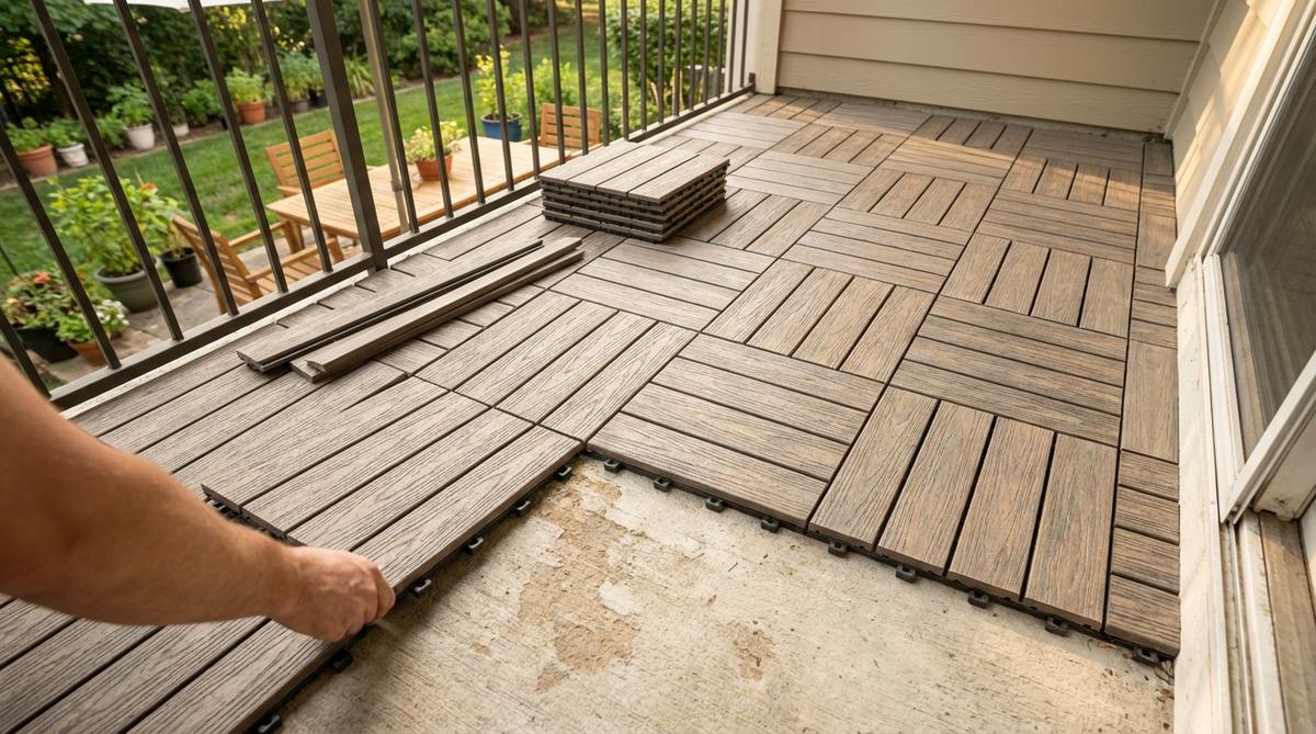 Composite interlocking deck tiles with snap-together installation for balconies. Shows 12x12 and 12x24 inch tiles with drainage channels and edge connectors for tool-free assembly over concrete surfaces.