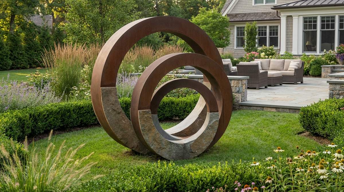 A contemporary garden sculpture featuring two or more circular forms intersecting at precise angles, creating negative space that complements the solid material. This geometric installation ranges from intimate tabletop versions to large-scale walk-through structures, representing connection and continuity in formal garden designs.