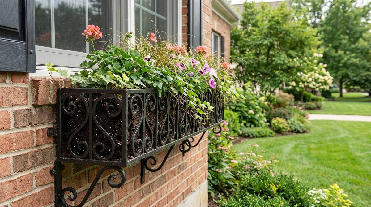 A wrought iron window box featuring ornamental scrollwork and bracket systems for secure mounting. The open framework allows soil visibility while providing structural support, with decorative ironwork that remains visible even when plantings are full, maintaining year-round architectural interest.