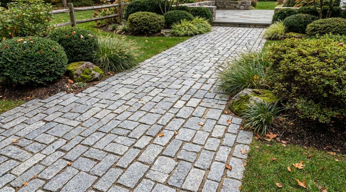 Traditional Japanese Ishidatami stone pavement made of fitted granite cobbles in a parallel line pattern, creating a durable walking surface with aesthetic refinement. Shows the detailed masonry work with polymeric sand joints for water permeation, typical in Japanese outdoor decor and garden pathways.