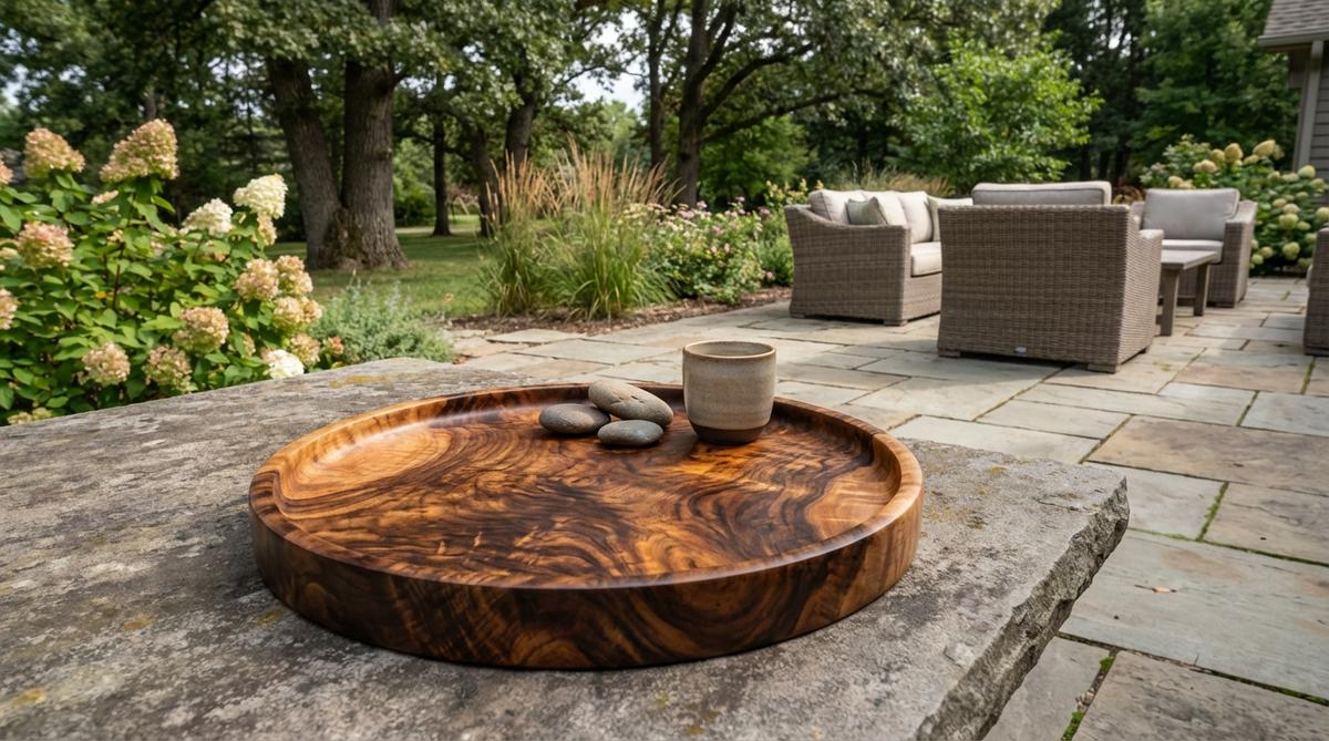 A rare figured maple burl formed into an organic 10-inch round tray with dramatic grain patterns, featuring a museum-quality satin finish that protects the wood while maintaining natural tactile qualities. This functional sculpture merges fine furniture and meditation tool categories, with each piece displaying unique characteristics impossible to replicate.
