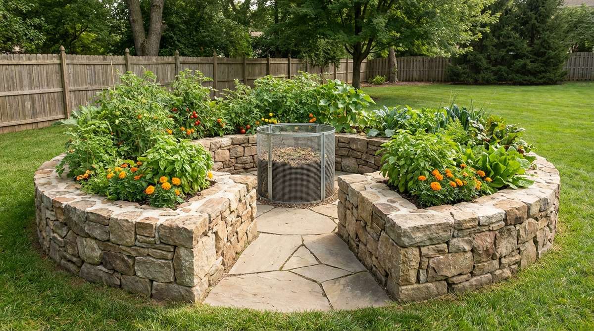 A circular raised garden bed with wedge-shaped access path leading to a central composting basket, demonstrating space-efficient gardening design for small backyards. The structure shows stone walls approximately 32 inches high with lush plants surrounding the central composting area.