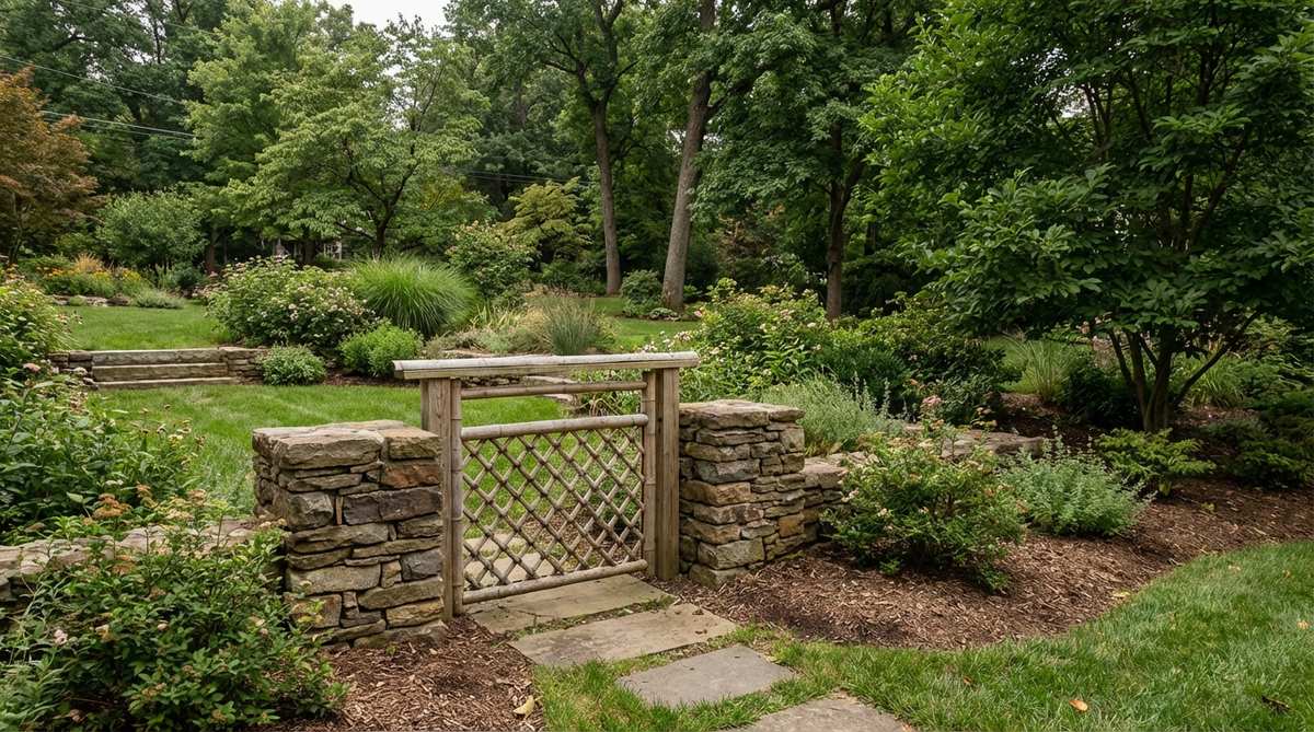 A low Japanese garden gate named for Kyoto's Golden Pavilion, featuring bamboo lattice mounted on stone walls. The minimal design creates symbolic boundaries while maintaining horizontal sightlines, with bamboo frames capping stone bases at 24-30 inches high. This gate style preserves views while defining garden transitions, particularly effective at grade changes where physical barriers prevent falls without tall vertical elements.