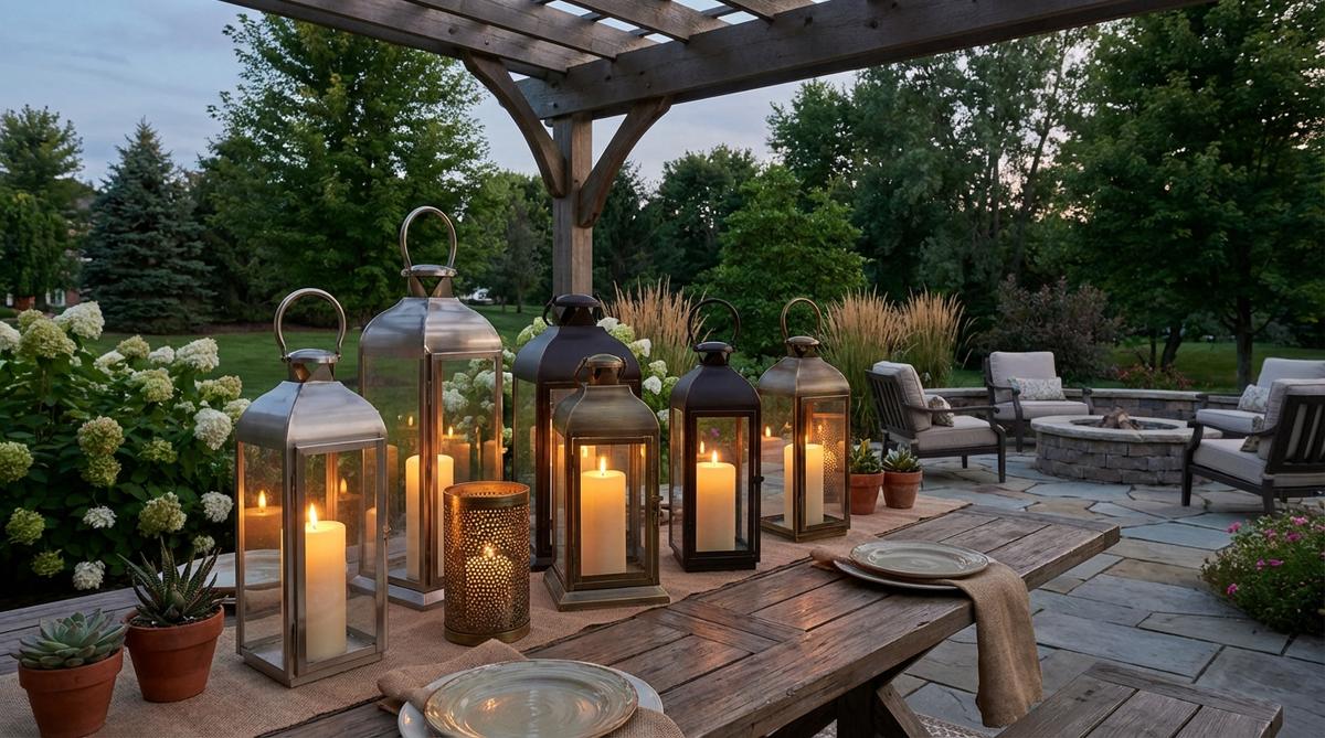 A cluster of metal lanterns in varying heights with pillar candles arranged on an outdoor party table. The lanterns feature mixed finishes like brushed nickel, oil-rubbed bronze, and brass, creating a collected-over-time aesthetic. This setup provides layered illumination that transitions from day to night, with enclosed lanterns protecting flames from breezes while diffusing light through glass or punched metal patterns. The vertical elements add dimension to flat surfaces without overwhelming dining space, perfect for outdoor decor parties.