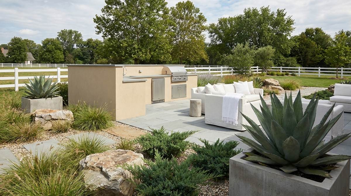 A modern minimalist interior featuring a palette of cool limestone gray, warm beige, and soft white, inspired by natural stone quarries. This earthy tones decor includes limestone gray tiles or large furniture, beige walls, and white trim and textiles, creating a clean, architectural, and organically connected aesthetic.