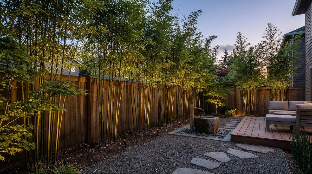 A modern Japanese garden featuring narrow bamboo groves planted along property lines, creating vertical emphasis and natural fencing with upright culms establishing rhythm through repetition. The groves are carefully thinned to maintain visibility while preserving density, with backlighting creating dramatic evening silhouettes.