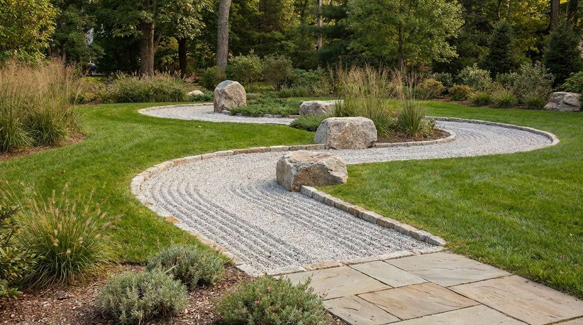 A garden design rock feature showing a meditation path with parallel lines raked through fine gravel, creating geometric patterns for walking meditation. Crisp boundaries are maintained with edging, and single statement boulders are placed at intersections as contemplation points, contrasting the precision of the raked lines with organic boulder forms.