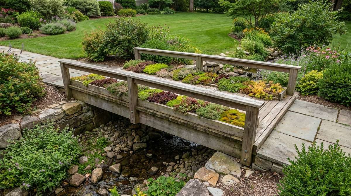 A small garden bridge featuring a living roof with low-growing sedums, thyme, or moss on its deck, integrated into the landscape as a planted feature. The bridge includes a waterproof tray system with shallow growing medium, designed for minimal foot traffic and drought-tolerant plants, changing with the seasons.
