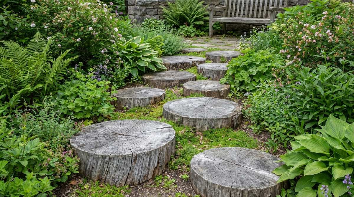 A rustic garden path made from thick cross-sections of tree trunks, set level with the ground to create natural stepping stones. The circular log rounds are arranged at irregular intervals, showing weathered silver-gray tones and forming rhythmic patterns that enhance the cottage garden's naturalistic appearance. Made from rot-resistant wood species like cedar, locust, or oak for durability.