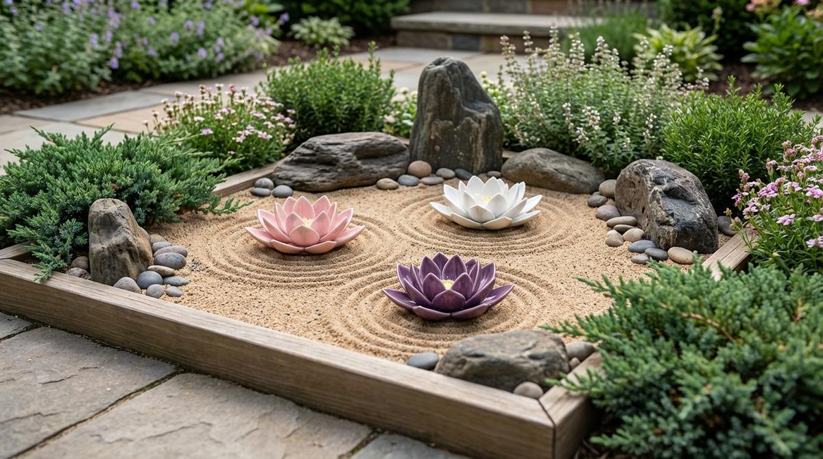 Ceramic or wooden lotus flowers in pink, white, or purple, representing purity and spiritual awakening, positioned in sand to create depth and geometric contrast with organic stones in a zen garden miniature.