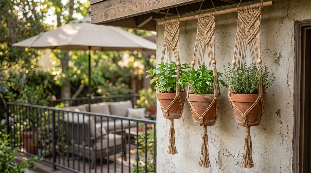Three small herb pots suspended in macrame hangers, creating a boho-style mini herb garden on a balcony. The arrangement features compact pots with herbs suited for partial shade, framed by macrame cords that add visual depth and softness. Ideal for utilizing upper airspace, with tips for rotation to ensure even light and airflow.