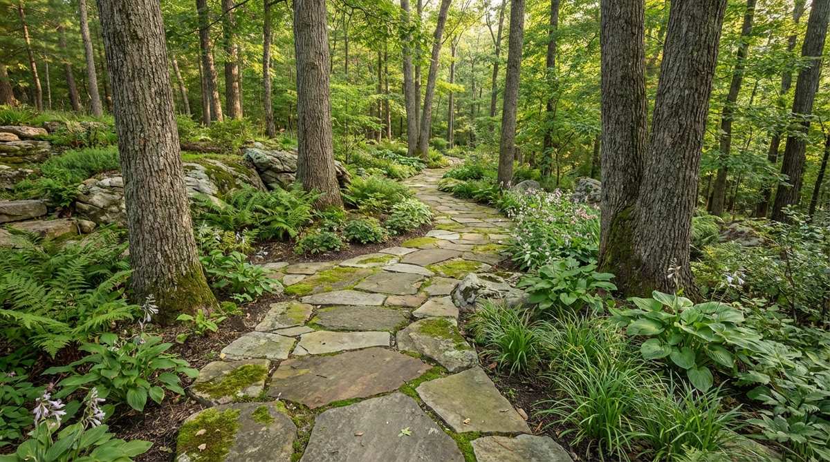 A naturalistic stone garden path winding through a woodland setting, featuring irregular flagstones that follow the organic curves of deer trails and respond to existing trees and terrain features.