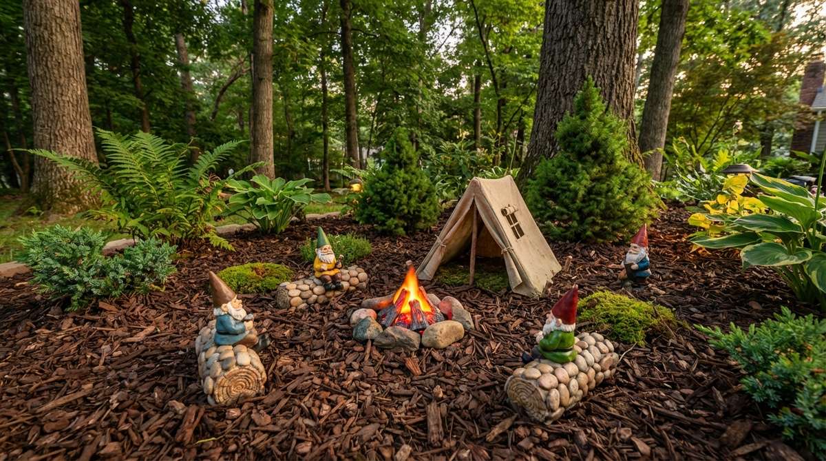 A miniature garden scene featuring a tiny tent, faux campfire, and gnomes seated on pebble logs, set in a woodland campsite with bark mulch, native shrubs, and warm lighting to simulate a campfire glow, ideal for storytelling and forest plants like ferns and hostas.