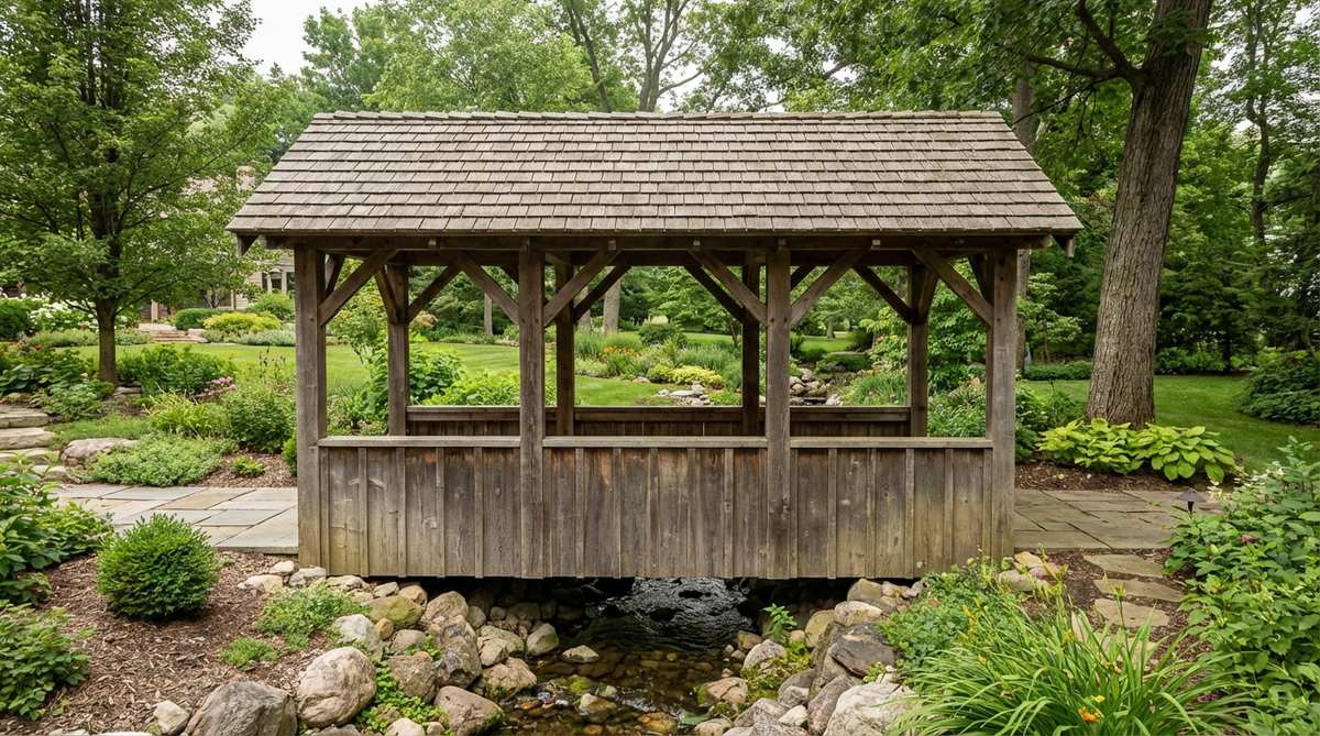 A scaled-down version of a historic covered bridge, featuring a lightweight roof made of standing-seam metal or architectural shingles to protect the deck from weather. The open sides maintain clear sightlines, while the overhead structure creates framed views, adding architectural interest to a miniature garden without top-heavy instability.