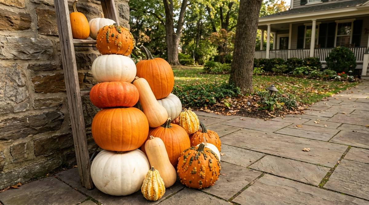 A vertical arrangement of mixed gourds and squash for fall outdoor decor, featuring round pumpkins, elongated butternut squash, and decorative gourds creating dynamic silhouettes with shape contrast and vertical emphasis.