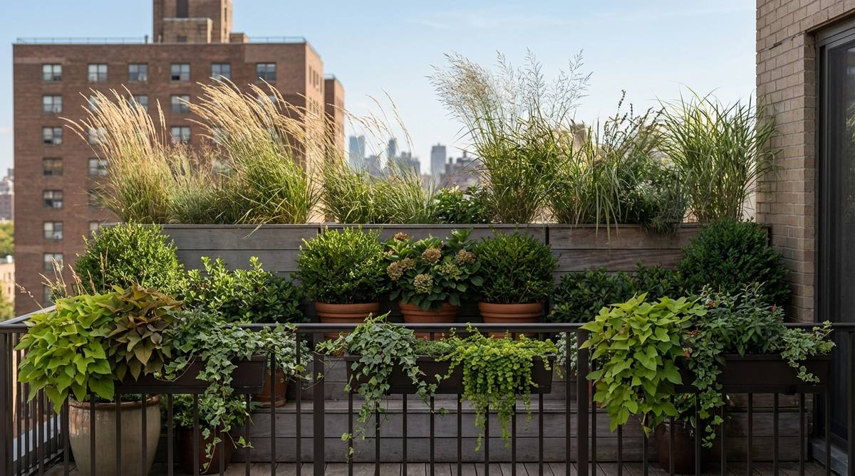 A visual guide showing a mixed height layered screen arrangement for an urban balcony garden, featuring three staggered tiers with tall ornamental grasses in the back, medium shrubs in the middle, and trailing plants in the front, designed to create depth and privacy while blocking views from multiple angles.