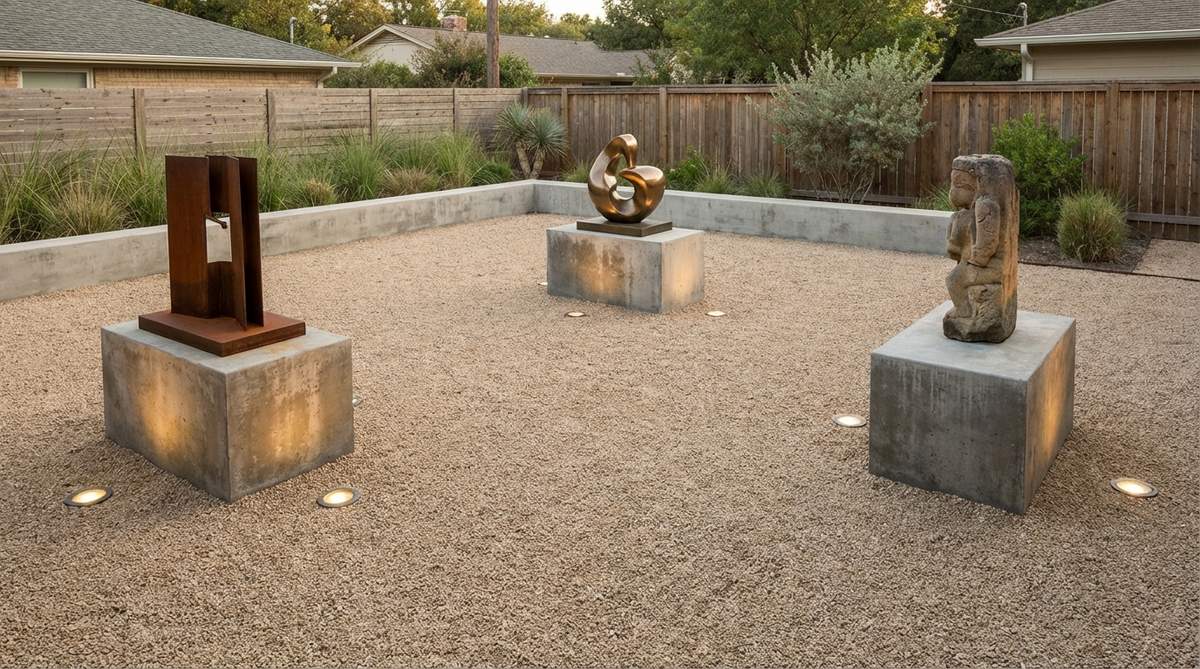 A minimalist courtyard featuring a fine-grade pea gravel floor in a single color, providing a neutral gallery-like setting for displaying outdoor sculptures. The gravel surface is paired with concrete pads for stable sculpture placement and focused uplighting to highlight artistic elements after dark, offering a refined and flexible composition for rotating artwork.