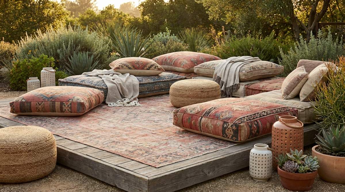 A bohemian outdoor lounge setup featuring oversized 36x36 inch floor cushions and poufs arranged on a large outdoor rug. The low-profile seating is configured in a flexible modular arrangement with cushions layered at varying heights and patterns for visual interest. The setup includes a low 4-6 inch platform base to elevate cushions above ground moisture, suitable for informal gatherings and easy storage in deck boxes during inclement weather.