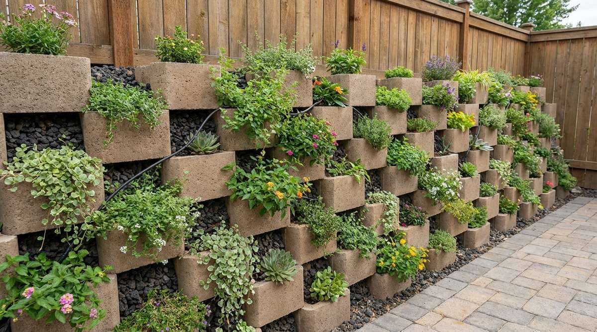 A lightweight modular retaining wall system with interlocking plastic or concrete blocks featuring front-facing planting pockets. The vertical garden structure maximizes growing space in small gardens, showing stacked modules with built-in setback, drainage aggregate backfill, and drip irrigation installation for automated watering.