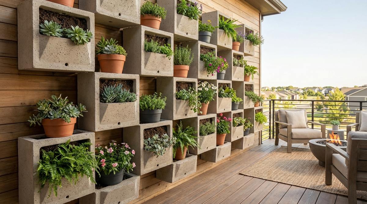 Interlocking modular wall cubes arranged in a geometric pattern on a balcony wall, each cube containing its own soil chamber and drainage system for independent plant growth. The flexible configuration allows for seasonal rearrangement and easy replacement of individual units.