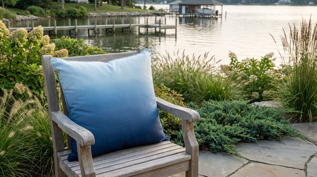 A serene outdoor decor pillow featuring a monochromatic blue gradient, ranging from pale sky to deep navy shades. Ideal for creating cohesive and sophisticated outdoor spaces, especially on waterfront properties, with subtle transitions that add depth without the need for pattern coordination.
