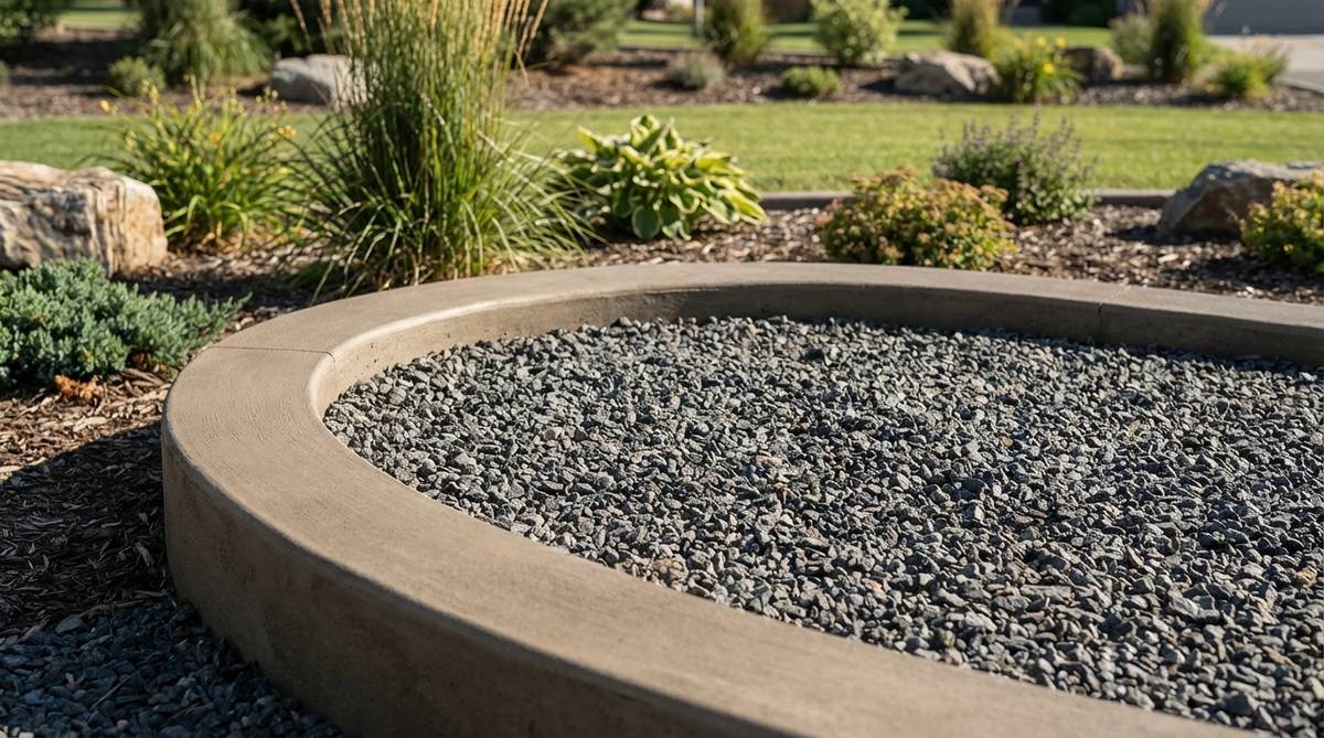 A close-up photo showing a monolithic poured edge path in a gravel garden, featuring a continuous concrete curb with seamless curves that contains dark gray crushed granite, illustrating the refined look of custom stonework at a lower cost.