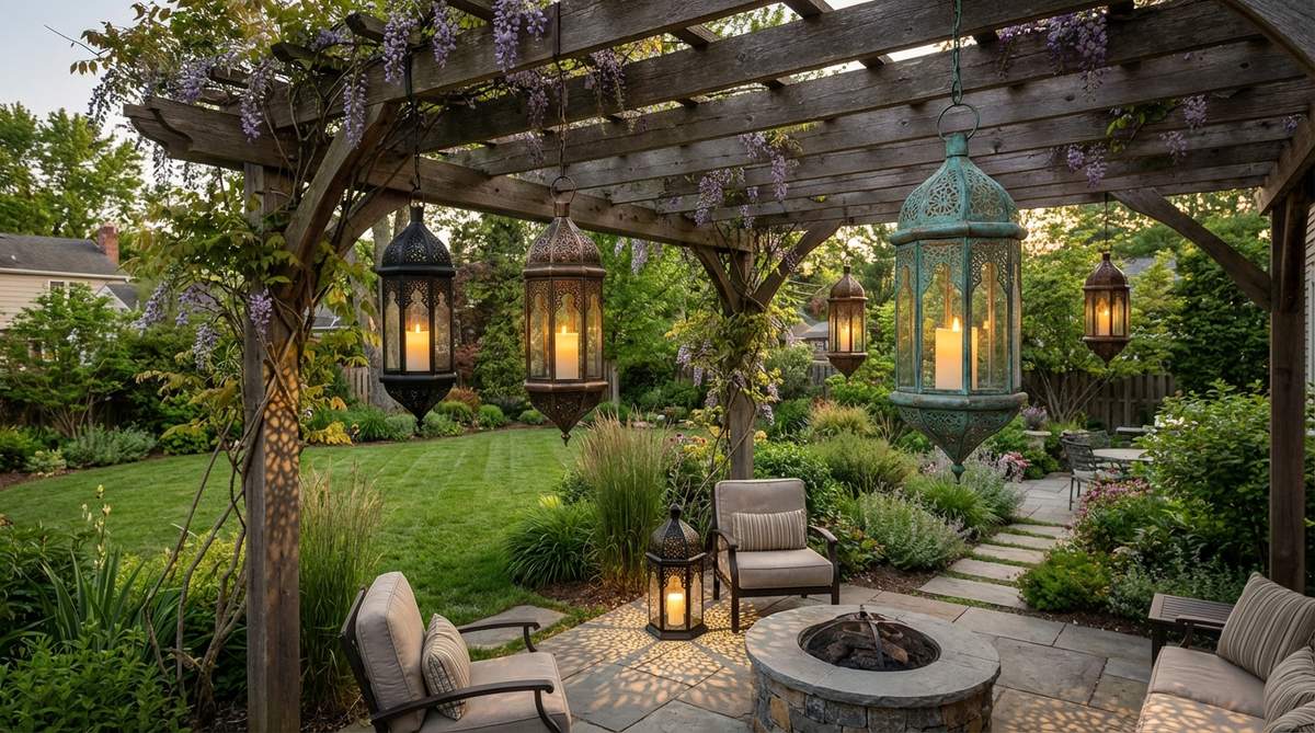 Outdoor Moroccan lanterns with laser-cut geometric patterns in powder-coated steel, projecting intricate shadows. Available in weatherproof finishes like matte black, antique bronze, and verdigris copper, suitable for hanging from pergolas or trees with LED candle bulbs.