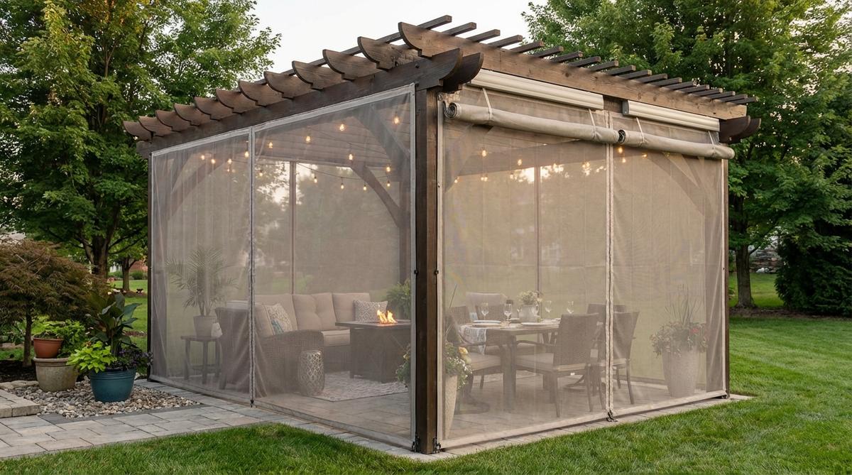 A fine mesh mosquito netting system suspended from a garden pergola perimeter, creating an insect-free zone for evening entertaining. The white or neutral mesh maintains visibility while providing pest protection, with track systems or magnetic closures for easy access and retractable netting that stays hidden when not in use.