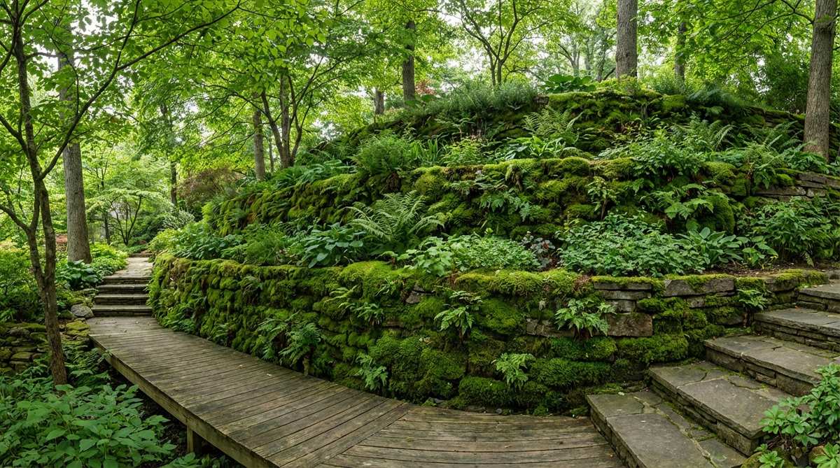 A vertical moss garden on a shaded slope or retaining wall, showcasing lush green coverage that prevents erosion and adds life to challenging areas in Japanese garden design.