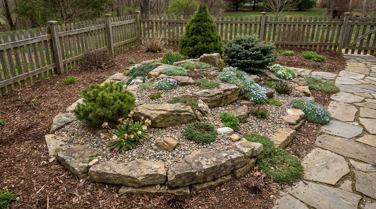 A small garden rockery featuring a native alpine collection, showcasing regional alpine species adapted to local conditions. The rockery supports local ecosystems, attracts specialized pollinators, and integrates seamlessly with the surrounding landscape, with plants grouped by similar water and sun requirements for efficient care.