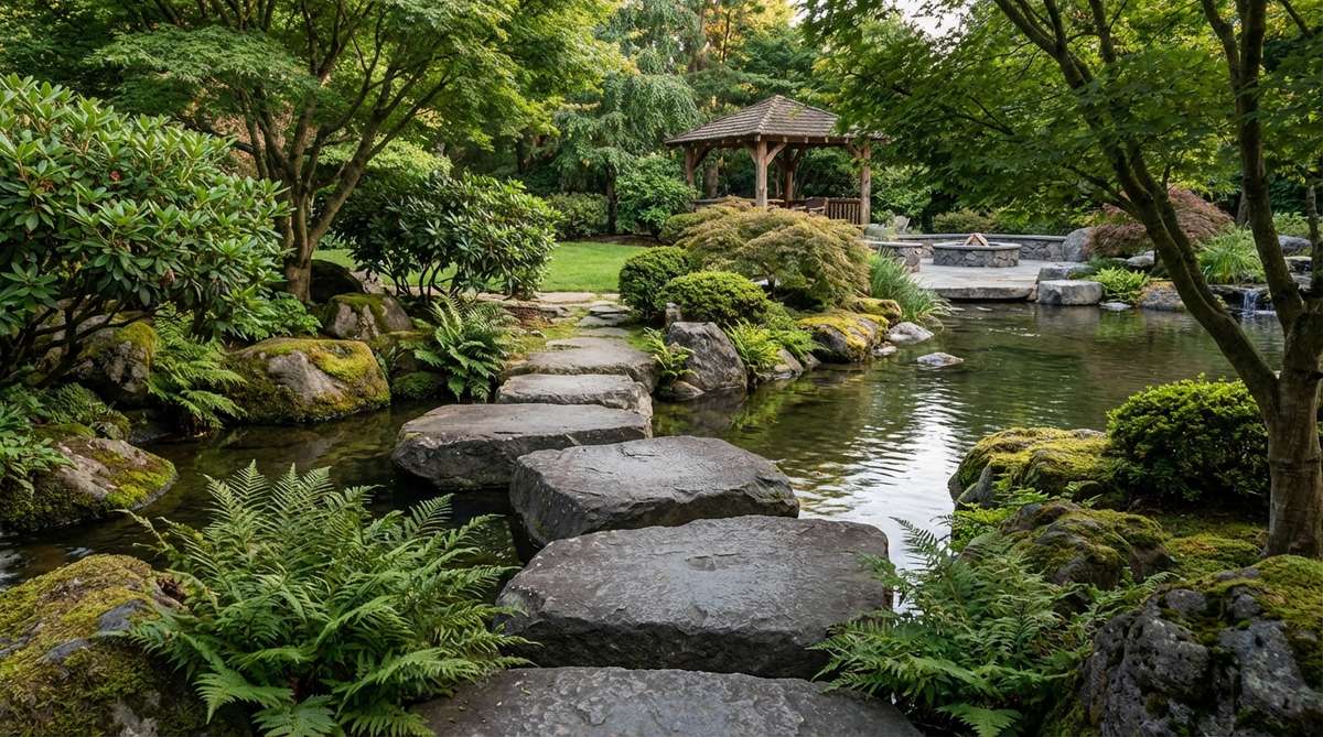 A scenic view of a natural boulder stepping path in a Japanese garden pond, featuring large flat-topped boulders placed at irregular intervals to create an adventurous crossing. The stones have stable, level surfaces, preventing wobbling, and their organic shapes contrast with formal geometric bridges, enhancing the pond's aesthetic in a larger setting.