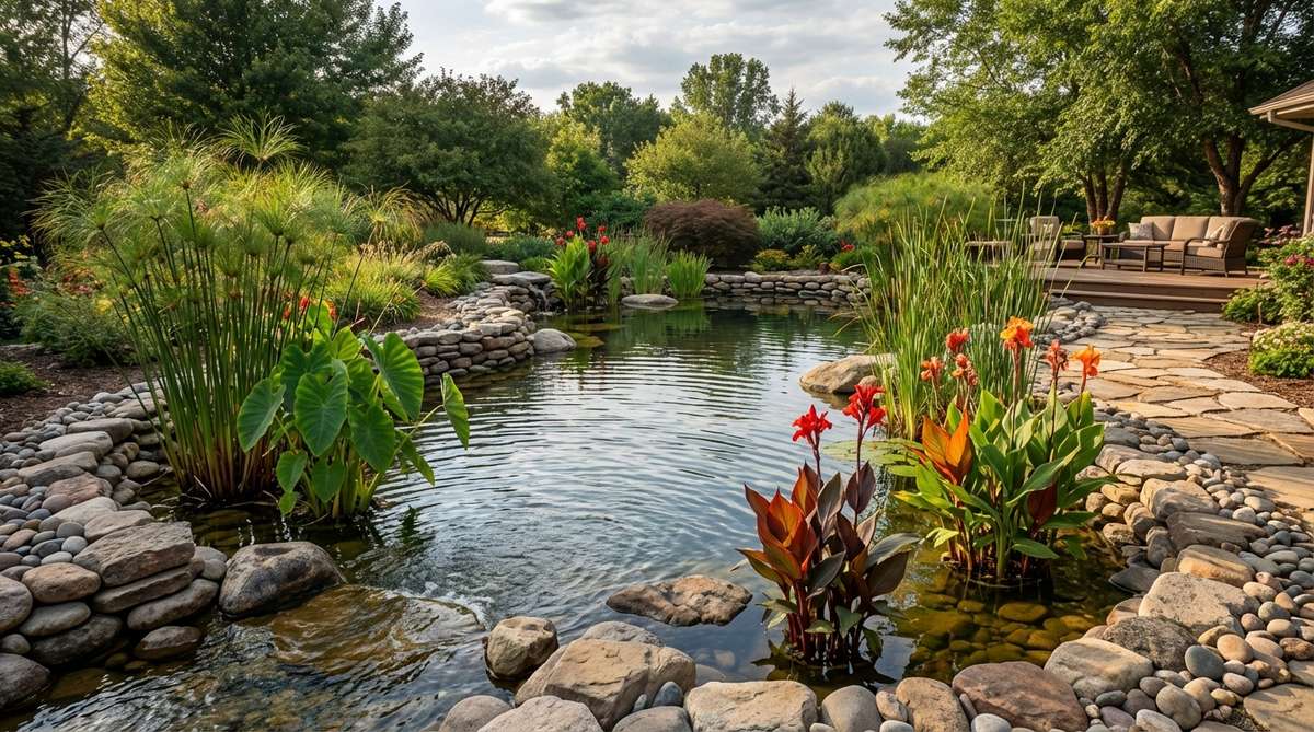 An irregular-shaped pond with planted edges mimicking tropical waterways, featuring shallow bog zones with papyrus, taro, and water cannas. The pond is edged with river rock and submerged stones for a natural appearance, with gentle surface movement created by hidden pumps.
